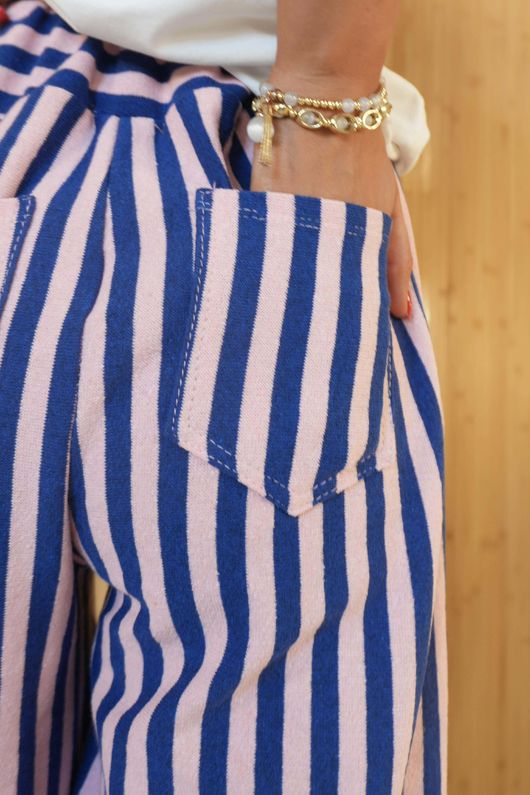 Shoreditch Stripe Lounge Flare Trouser Navy & Sweetpea /14=